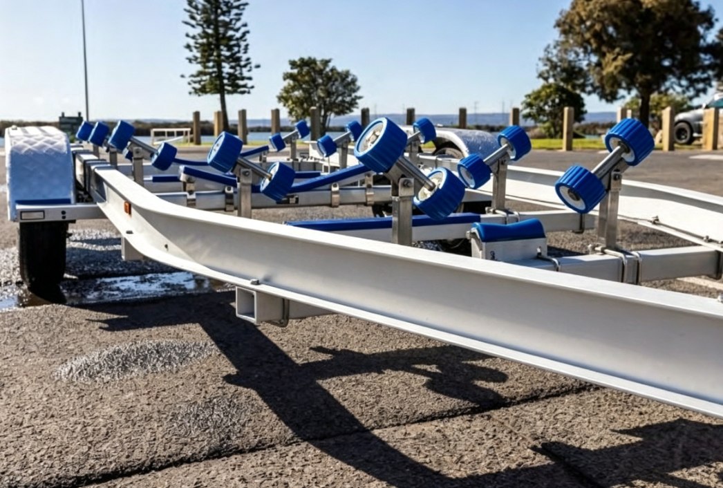 High-angle view of a dual-axle aluminum boat trailer