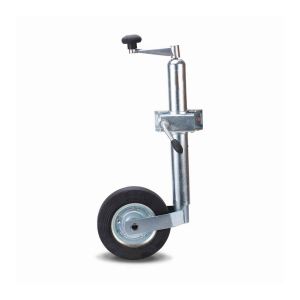 This europe jockey wheel with clapm is with 8‘’ rubber wheel with metal rim, 500lbs capacity, 10inch travel, Φ42mm pipe.