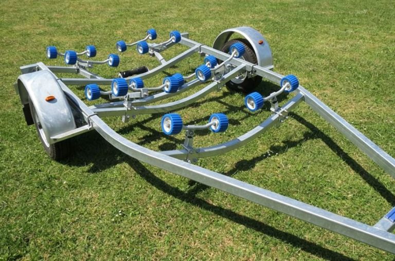 Rear view of a galvanized steel single-axle boat traile